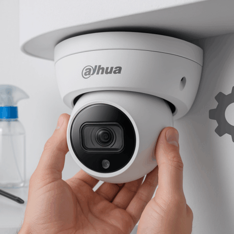 عکس دوربین مداربسته داهوا همراه با نماد نگهداری و چرخ‌دنده در حال سرویس و نصب