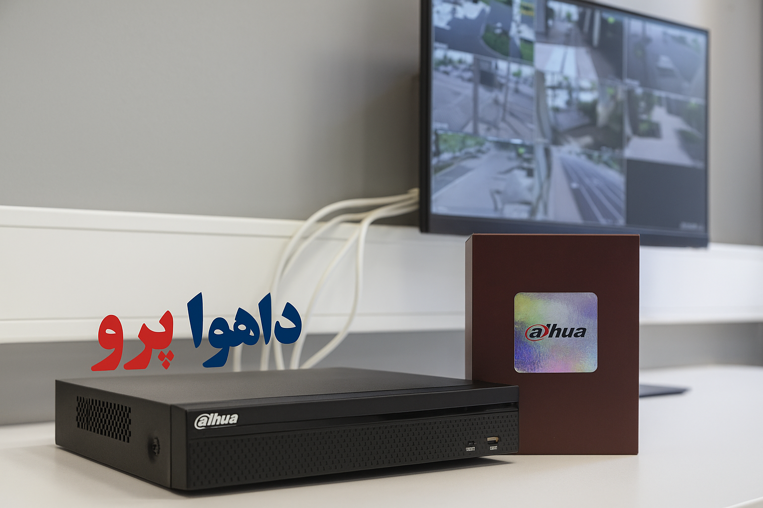 تصویر واقعی نصب DVR داهوا در خانه یا دفتر با نمایش دوربین‌ها روی مانیتور