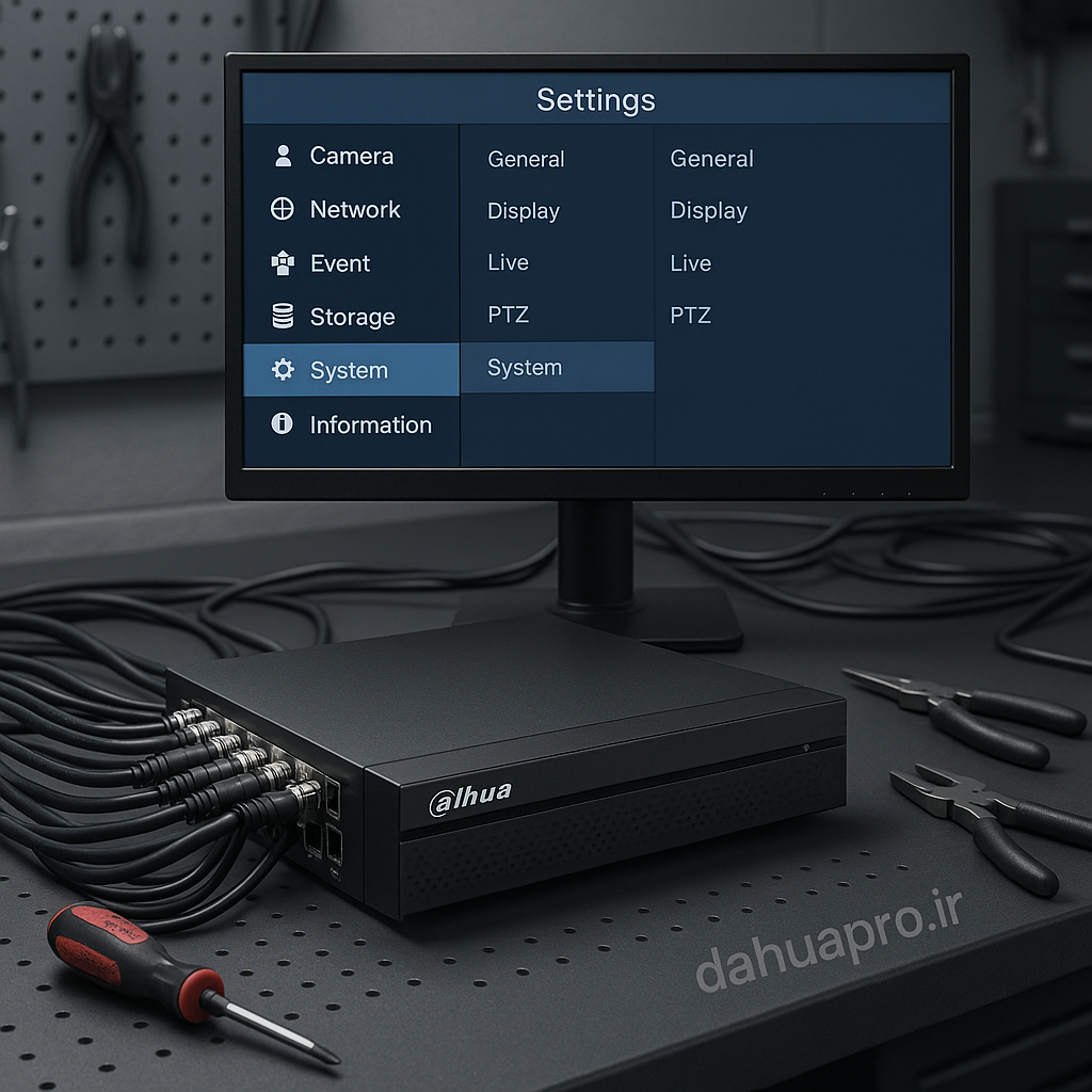 تصویر یک DVR داهوا متصل به مانیتور و کابل‌های متعدد در یک محیط کار با نمایشگر در حال نمایش منوی تنظیمات و واترمارک اصلی dahuapro.ir