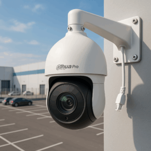 دوربین اسپید دام داهوا نصب‌شده روی پایه دیواری در محوطه کارخانه با لوگوی DahuaPro