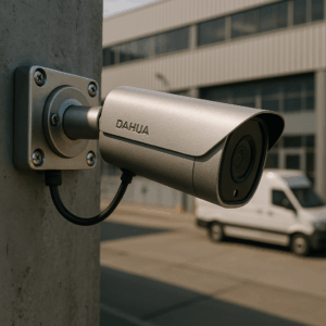 دوربین بولت داهوا نصب‌شده روی دیوار فضای باز کارخانه با لوگوی DAHUAPRO