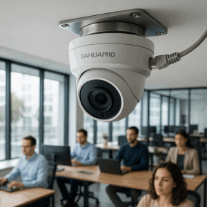 دوربین تحت شبکه داهوا نصب شده در دفترکار مدرن با لوگوی DAHUAPRO روی بدنه