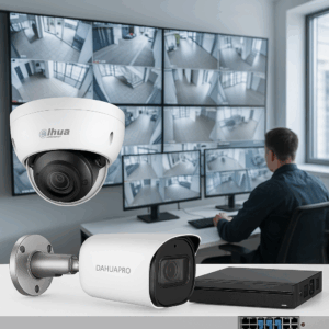 چند دوربین مداربسته داهوا در مرکز مانیتورینگ مدرن با لوگوی Dahua PRO