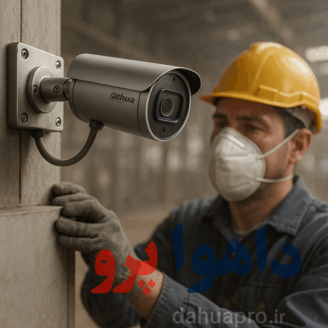 دوربین بولت داهوا ضد گردوغبار نصب‌شده در کارخانه و نصاب با لباس ایمنی