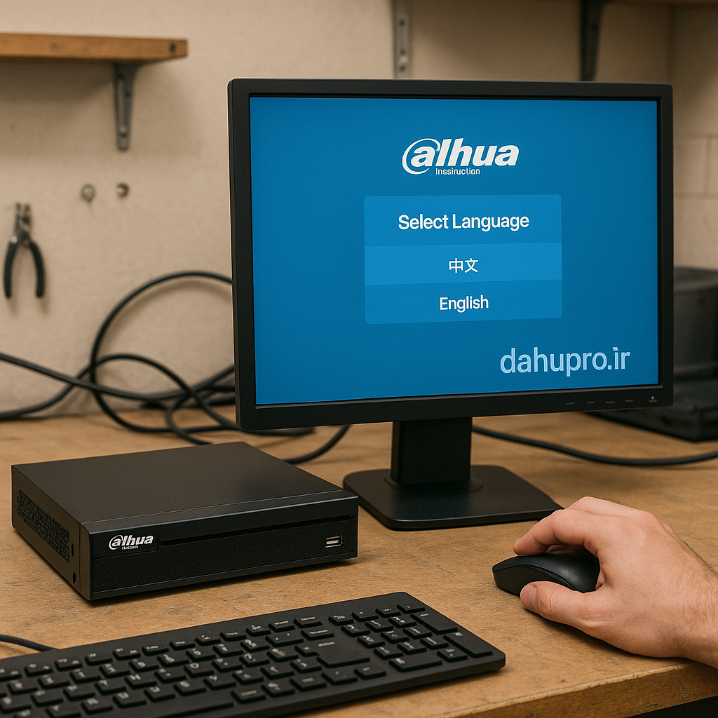 تغییر زبان دستگاه داهوا در منوی Language با حضور کارشناس روی میز کار و نمایش واژه‌های فارسی و انگلیسی در مانیتور