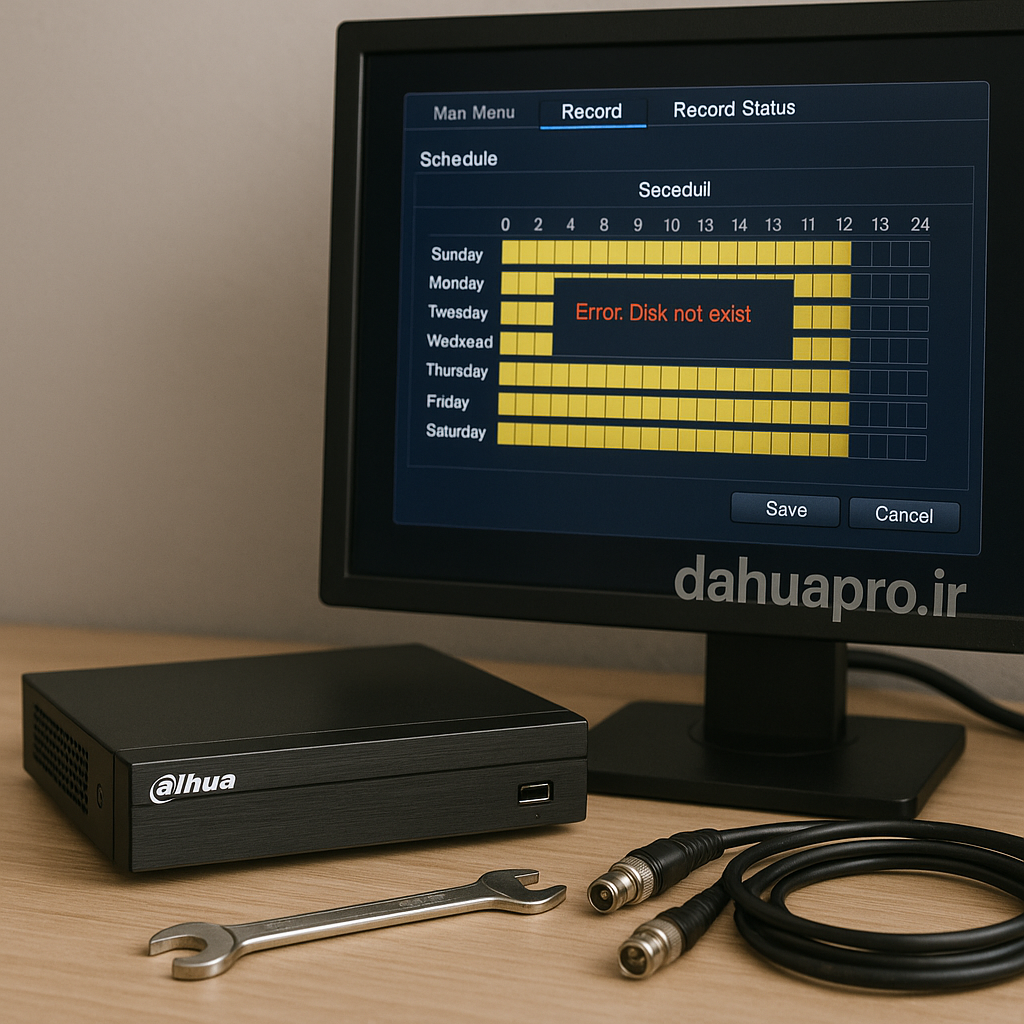 وضعیت ضبط نشدن تصویر DVR داهوا در کنار مانیتور و ابزار فنی، با لوگوی dahuapro.ir در محیط کارگاهی