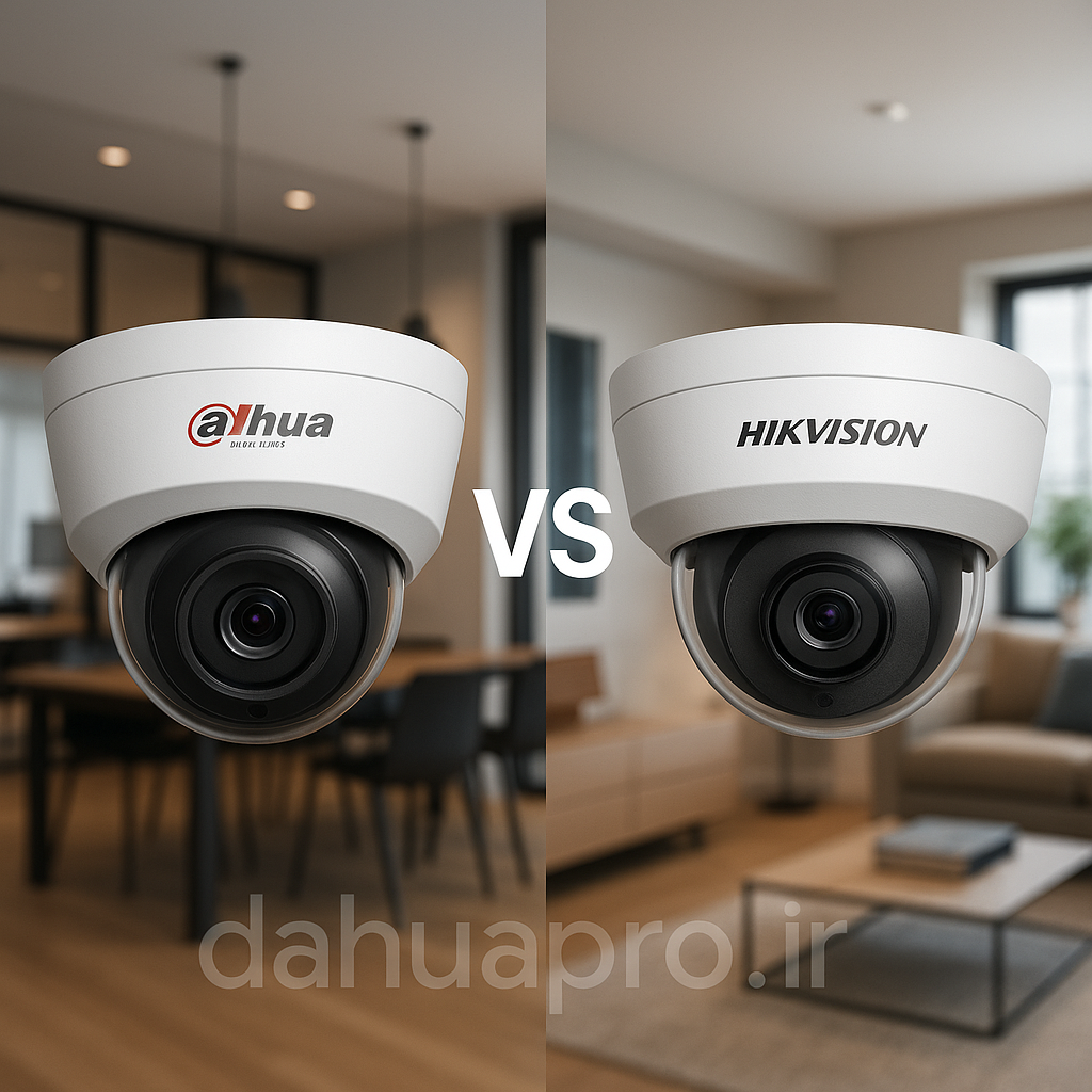 تصویر مقایسه دو دوربین مداربسته داهوا و هایک ویژن در محیط داخلی با واترمارک dahuapro.ir