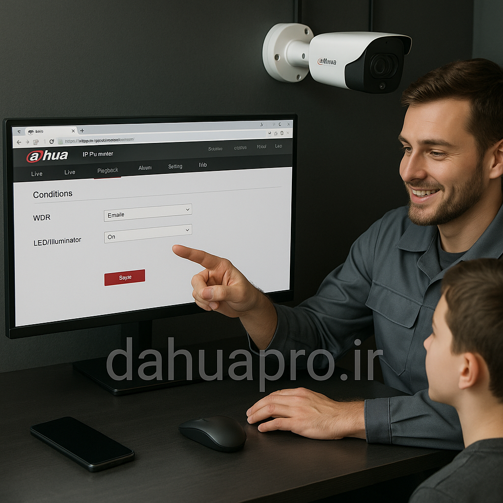 تنظیمات فعالسازی WDR و LED دوربین مداربسته تحت شبکه داهوا توسط تکنسین آموزش‌دهنده