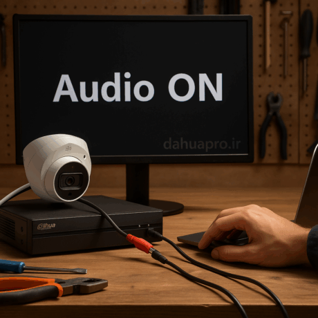 تست و فعالسازی صدای دوربین میکروفون دار داهوا توسط تکنسین در محیط کارگاهی با نمایش وضعیت صدا و واترمارک dahuapro.ir